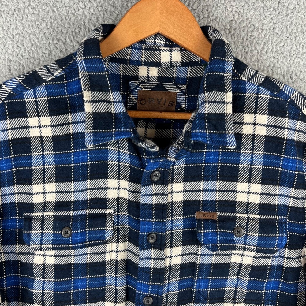 Orvis Shirt Mens Extra Large Heavyweight Flannel Blue Plaid Pockets Shacket - Picture 2 of 14